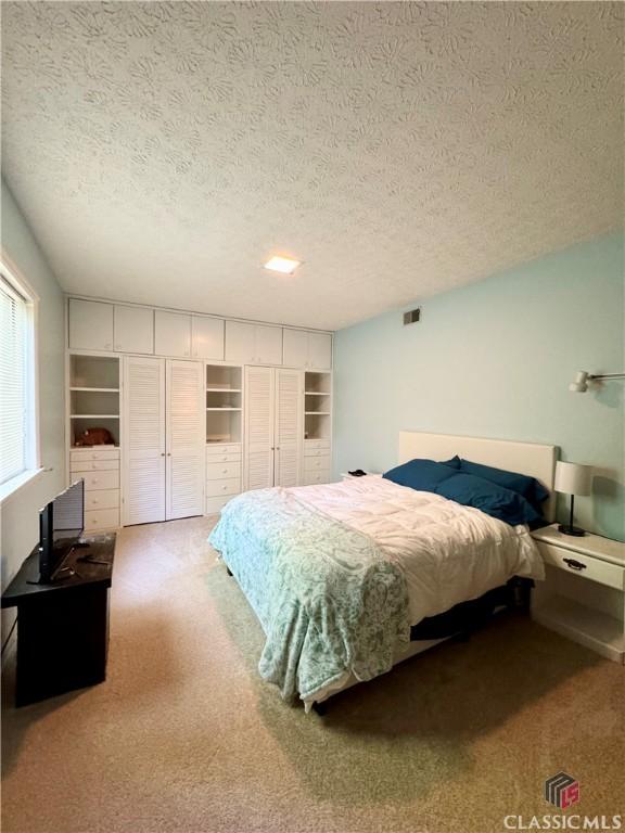 bedroom featuring a textured ceiling, visible vents, and carpet