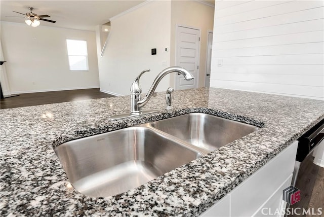 details featuring wood finished floors, dark stone counters, ceiling fan, and a sink