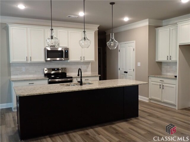41 Hometown Ct, Jefferson, GA 30549 - kitchen featuring tasteful backsplash, a sink, appliances with stainless steel finishes, ornamental molding, and dark wood-type flooring