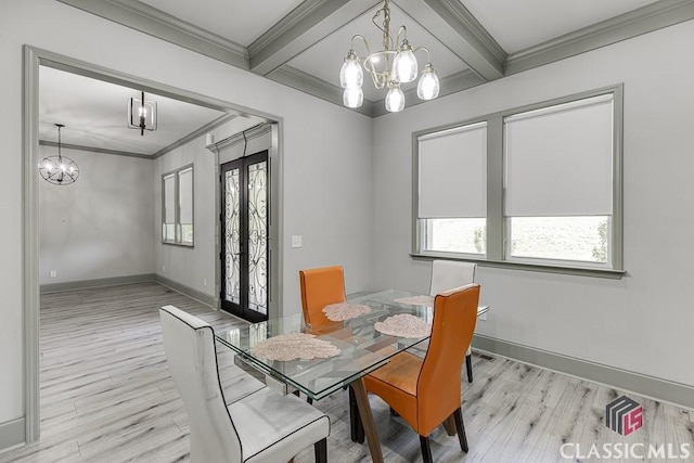4208 Sierra Creek Ct, Hoschton, GA 30548 - dining room with a chandelier, light wood-style floors, baseboards, beam ceiling, and ornamental molding