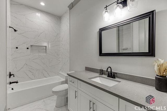 4208 Sierra Creek Ct, Hoschton, GA 30548 - bathroom featuring marble finish flooring, vanity, toilet, shower / bath combination, and recessed lighting