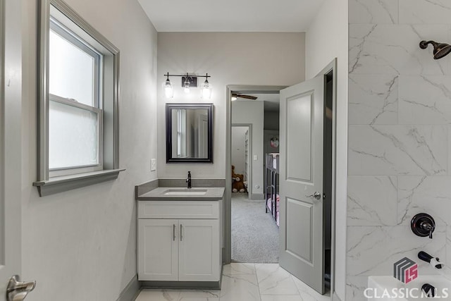 4208 Sierra Creek Ct, Hoschton, GA 30548 - bathroom featuring marble look tiles, vanity, and shower / bathtub combination