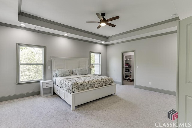 4208 Sierra Creek Ct, Hoschton, GA 30548 - bedroom featuring ornamental molding, a raised ceiling, light carpet, baseboards, and recessed lighting