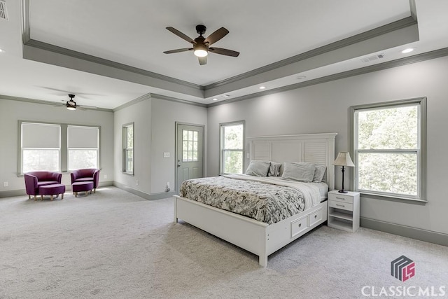 4208 Sierra Creek Ct, Hoschton, GA 30548 - bedroom featuring a tray ceiling, crown molding, baseboards, light colored carpet, and recessed lighting