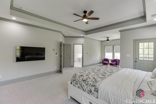 4208 Sierra Creek Ct, Hoschton, GA 30548 - carpeted bedroom featuring ornamental molding, a raised ceiling, baseboards, recessed lighting, and ceiling fan
