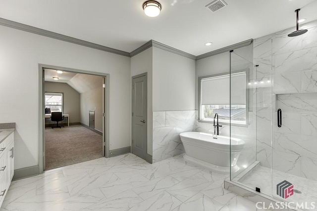 4208 Sierra Creek Ct, Hoschton, GA 30548 - bathroom with a marble finish shower, a freestanding tub, marble look tile flooring, vanity, and crown molding