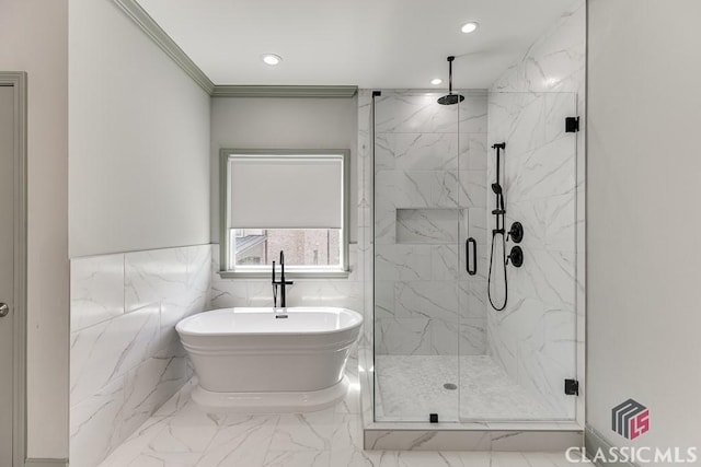 4208 Sierra Creek Ct, Hoschton, GA 30548 - bathroom with a marble finish shower, marble look tile flooring, a freestanding tub, recessed lighting, and crown molding