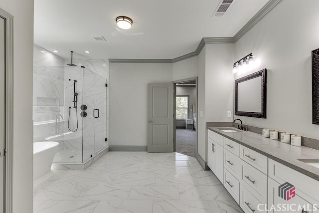 4208 Sierra Creek Ct, Hoschton, GA 30548 - bathroom featuring a marble finish shower, a soaking tub, baseboards, double vanity, and marble look tiles