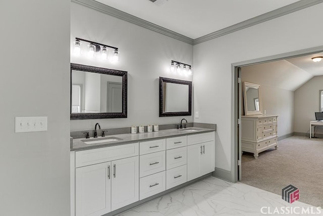 4208 Sierra Creek Ct, Hoschton, GA 30548 - bathroom with double vanity, marble finish floors, baseboards, crown molding, and vaulted ceiling