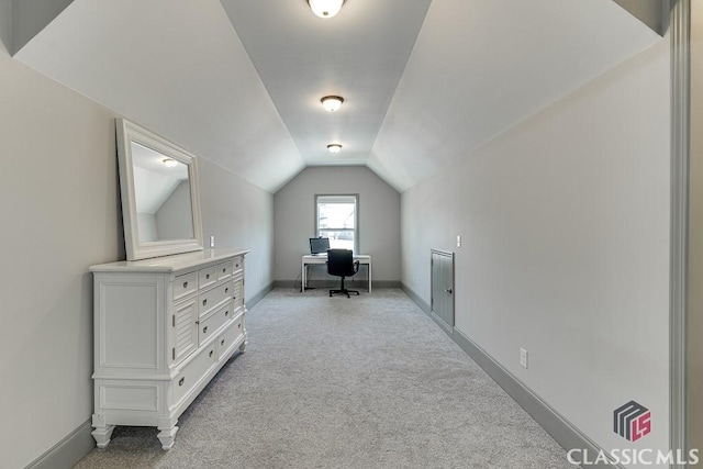 4208 Sierra Creek Ct, Hoschton, GA 30548 - office space with light carpet, vaulted ceiling, and baseboards