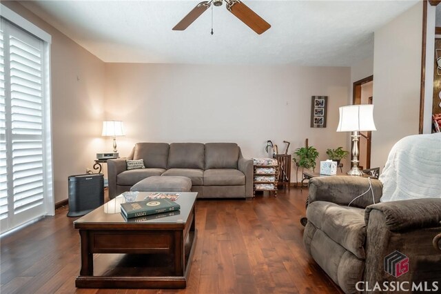 749 Diamond Hill Colbert Rd, Colbert, GA 30628 - living room featuring a healthy amount of sunlight, a ceiling fan, and dark wood-type flooring