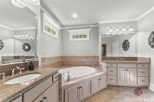 147 Rapids Dr, Bogart, GA 30622 - full bathroom with crown molding, a whirlpool tub, a sink, and tile patterned floors