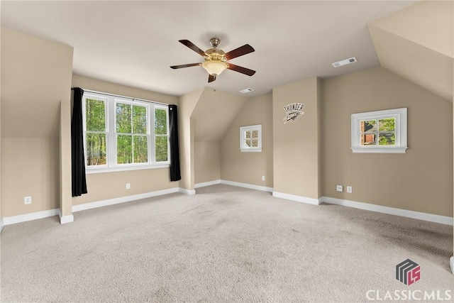 147 Rapids Dr, Bogart, GA 30622 - bonus room featuring visible vents, ceiling fan, vaulted ceiling, and light colored carpet