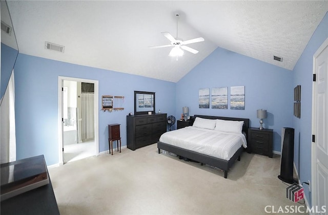 bedroom with baseboards, visible vents, carpet, and vaulted ceiling