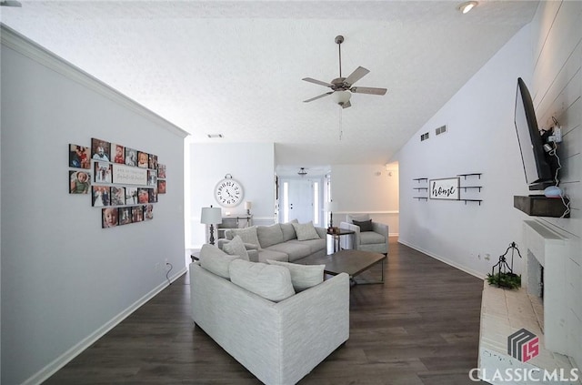 living room featuring lofted ceiling, a textured ceiling, a ceiling fan, and dark wood-type flooring