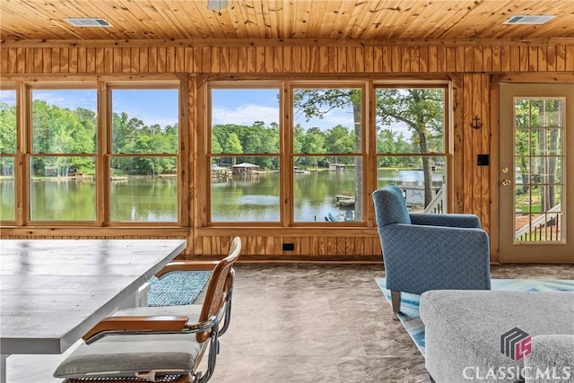 sunroom featuring wooden walls, wood ceiling, a water view, and visible vents