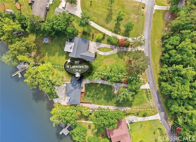 drone / aerial view featuring a water view