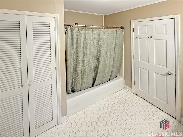 155 Broomsedge Trl, Athens, GA 30605 - full bathroom with crown molding, shower / bathtub combination with curtain, and tile patterned floors
