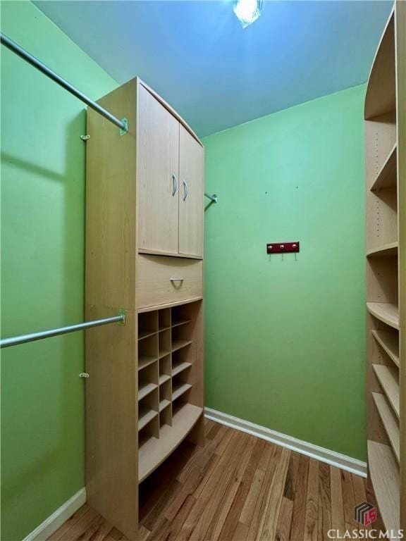 walk in closet with wood finished floors