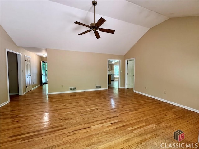 unfurnished living room featuring visible vents, a ceiling fan, light wood finished floors, and baseboards