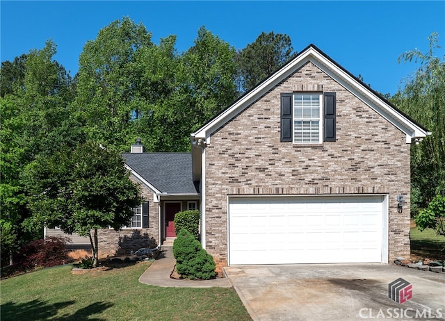 view of front of property featuring brick siding, a garage, a front lawn, and concrete driveway