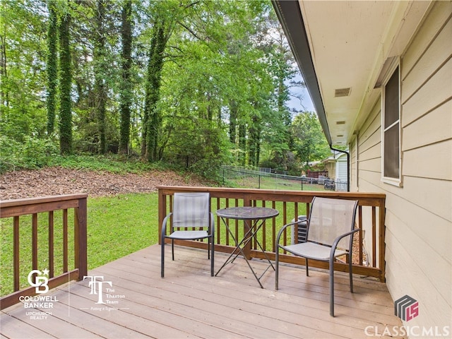wooden terrace featuring a lawn and a fenced backyard