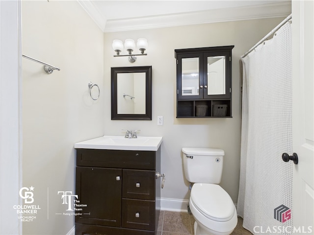bathroom with baseboards, ornamental molding, toilet, and vanity