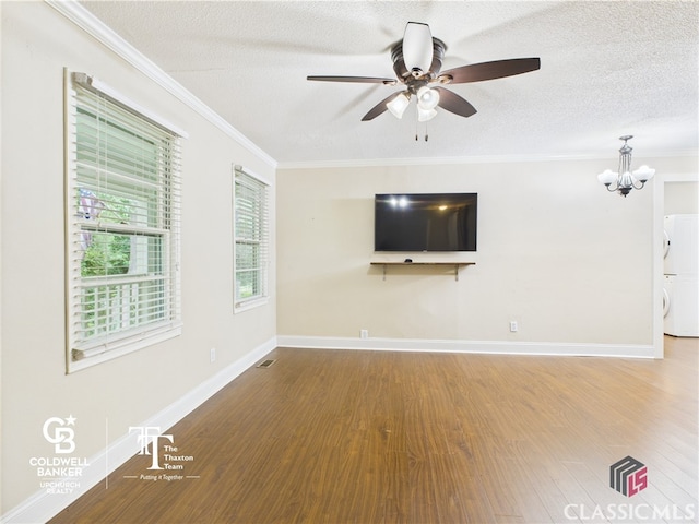 unfurnished living room with crown molding, a textured ceiling, wood finished floors, and ceiling fan with notable chandelier