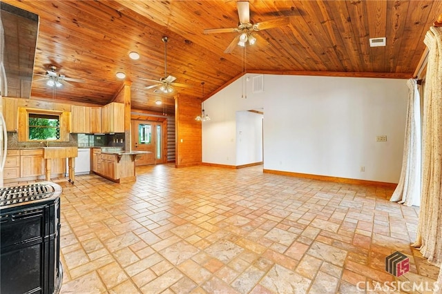 kitchen featuring baseboards, open floor plan, a ceiling fan, and wooden ceiling