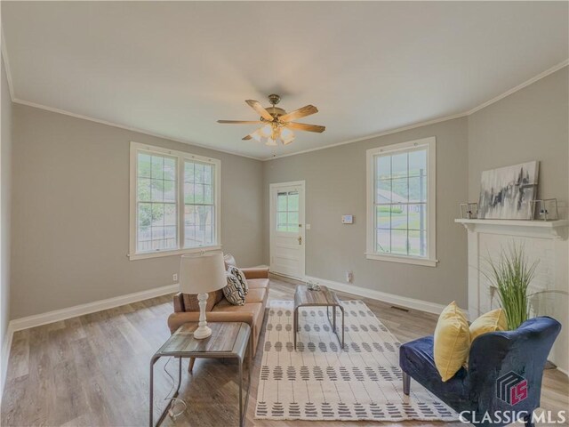 1114 S Broad St, Monroe, GA 30655 - living room with crown molding, baseboards, a ceiling fan, and wood finished floors