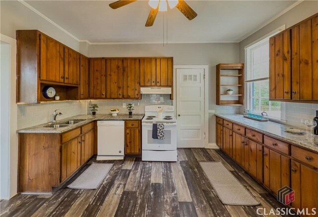1114 S Broad St, Monroe, GA 30655 - kitchen with white appliances, open shelves, under cabinet range hood, and a sink