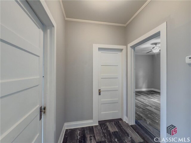 1114 S Broad St, Monroe, GA 30655 - corridor featuring baseboards, ornamental molding, and dark wood-style flooring