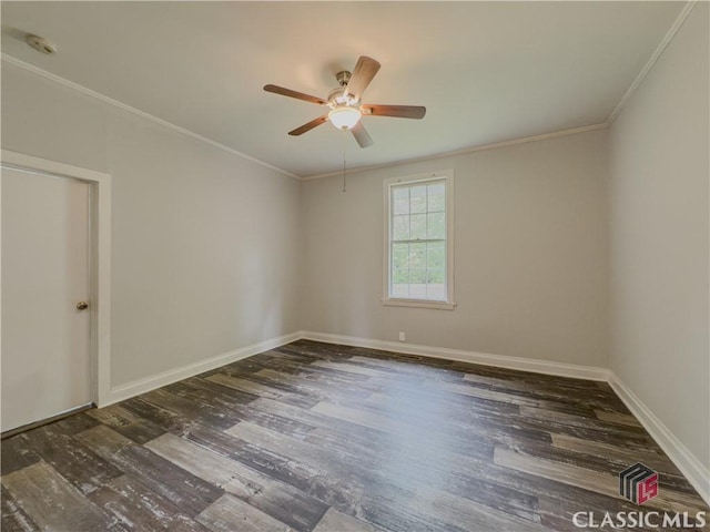unfurnished room with a ceiling fan, baseboards, ornamental molding, and wood finished floors