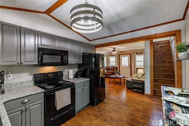 50 Atlanta Ln, Clayton, GA 30525 - kitchen with lofted ceiling, dark wood-type flooring, a ceiling fan, black appliances, and gray cabinetry