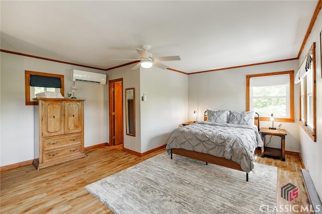 50 Atlanta Ln, Clayton, GA 30525 - bedroom with baseboard heating, an AC wall unit, light wood-style flooring, baseboards, and ornamental molding