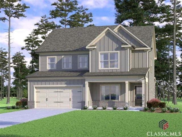 craftsman-style house featuring an attached garage, a front lawn, brick siding, board and batten siding, and concrete driveway