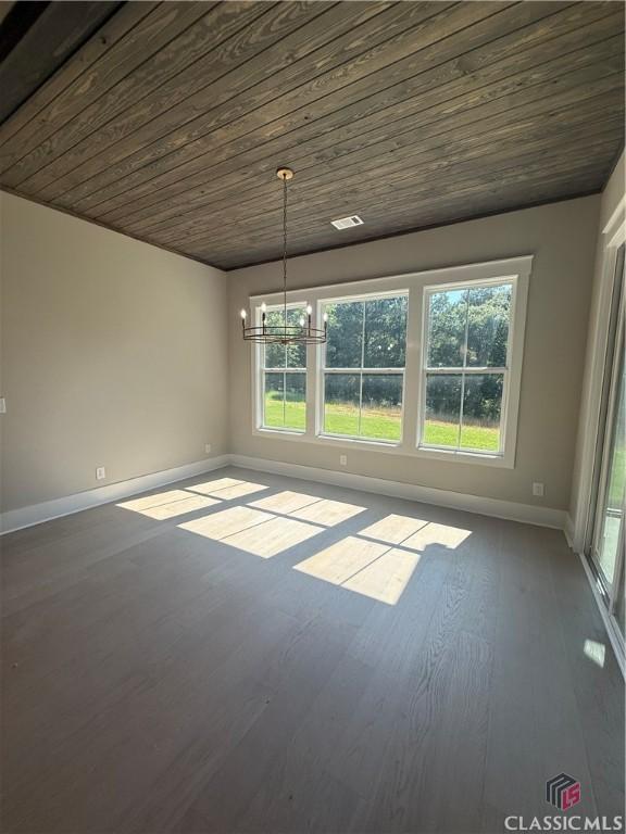 1200 Askew Trl, Greensboro, GA 30642 - unfurnished dining area featuring wood ceiling, a chandelier, and wood finished floors