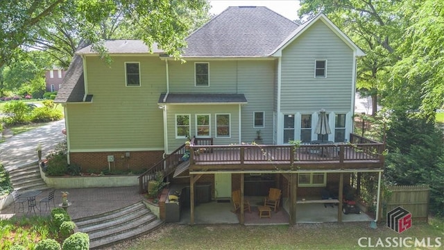1130 Latham Dr, Watkinsville, GA 30677 - rear view of house with a patio area, a wooden deck, stairs, and roof with shingles