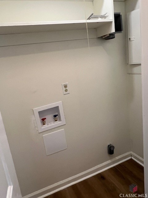 laundry area with washer hookup, hookup for an electric dryer, laundry area, baseboards, and dark wood-type flooring