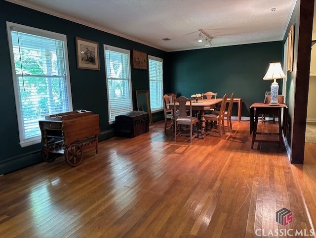 735 Timothy Rd, Athens, GA 30606 - dining room featuring crown molding, a wealth of natural light, hardwood / wood-style floors, and rail lighting