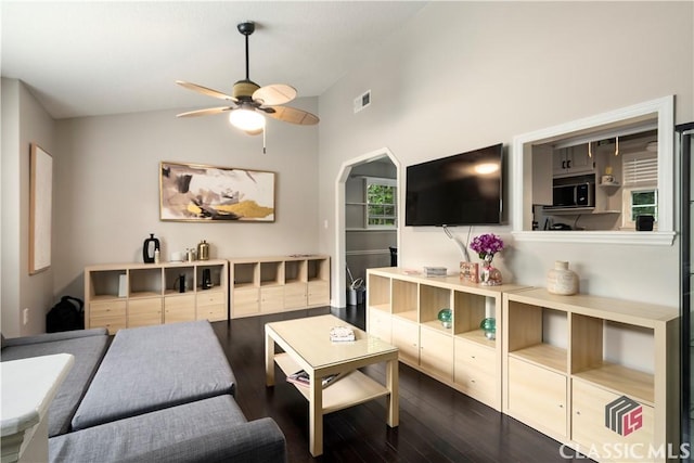 255 Pine Valley Dr, Athens, GA 30606 - living area with dark wood-style floors, lofted ceiling, a ceiling fan, and arched walkways