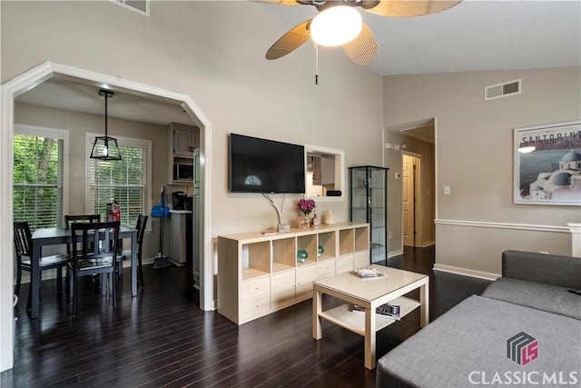 255 Pine Valley Dr, Athens, GA 30606 - living area featuring ceiling fan, dark wood finished floors, high vaulted ceiling, and baseboards