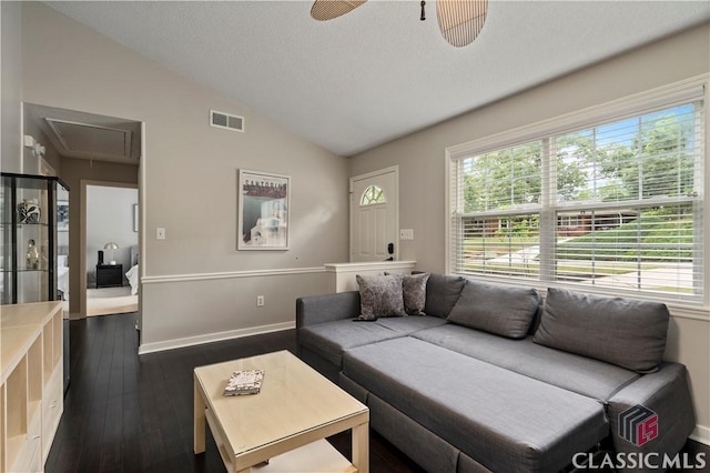 255 Pine Valley Dr, Athens, GA 30606 - living area featuring attic access, vaulted ceiling, plenty of natural light, dark wood-type flooring, and baseboards