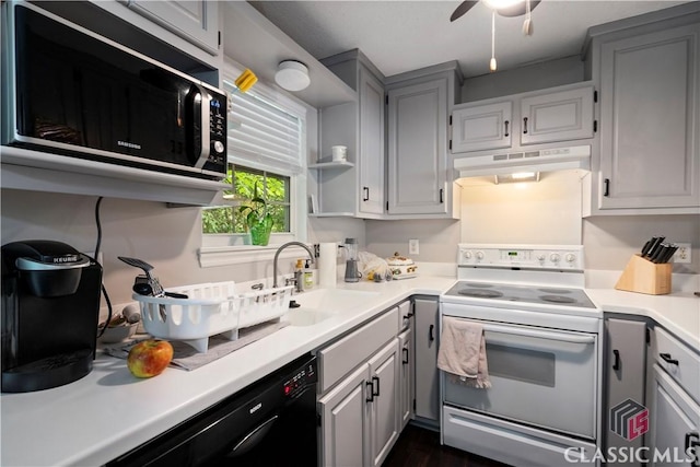 255 Pine Valley Dr, Athens, GA 30606 - kitchen featuring white electric range, under cabinet range hood, a sink, black dishwasher, and gray cabinets