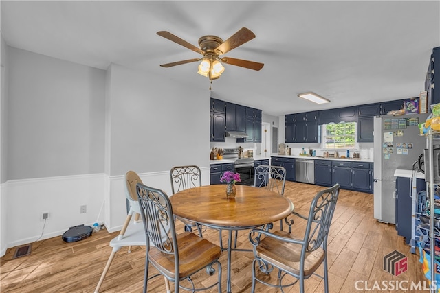 dining room with light wood-style flooring and ceiling fan