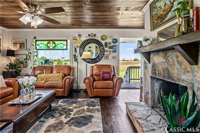 3081 Macedonia Rd, Union Point, GA 30669 - living room featuring wooden ceiling, hardwood / wood-style floors, a ceiling fan, and a stone fireplace