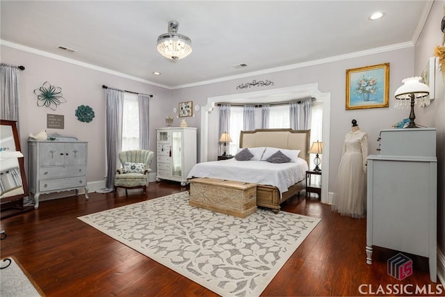 172 N Second St, Madison, GA 30650 - bedroom with multiple windows, dark wood-type flooring, ornamental molding, recessed lighting, and baseboards