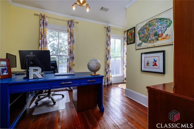 172 N Second St, Madison, GA 30650 - home office featuring plenty of natural light, crown molding, wood-type flooring, and baseboards