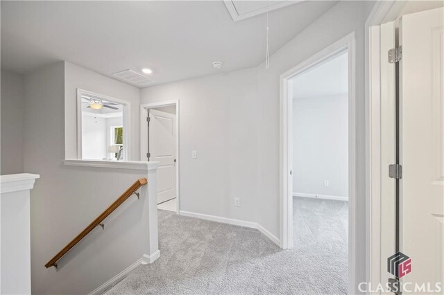 132 Water Oak Way, Crawford, GA 30630 - hallway with attic access, an upstairs landing, light colored carpet, baseboards, and recessed lighting