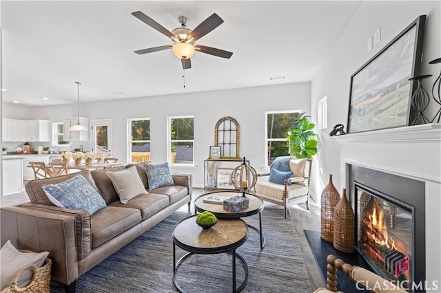 132 Water Oak Way, Crawford, GA 30630 - living area with a glass covered fireplace, ceiling fan, plenty of natural light, wood finished floors, and recessed lighting